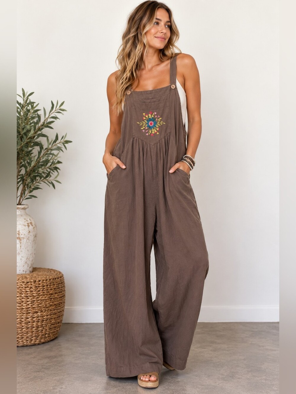 Natural Life Brown Embroidered Wide Leg Overalls Jumpsuit Size Large Boho